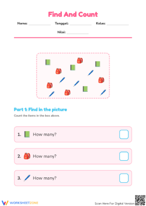 Kindergarten Find and Count — Printable No-Prep Worksheet