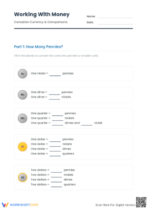 Grade 2-4 Canadian Money — Printable No-Prep Worksheet