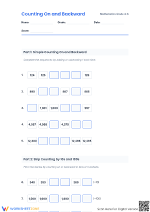 Printable Counting On and Backward Worksheet | Grades 4-6