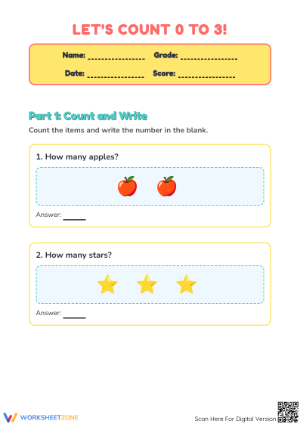 Counting 0-3 Worksheet | Grade K Math Printable