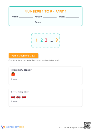 Numbers 1-9 Counting Worksheet | Grade K Essential