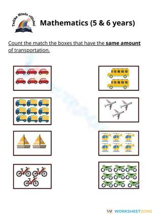 Transportation Counting Worksheet for Ages 5-6