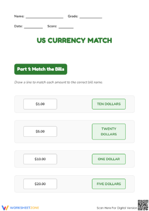 Printable U.S. Currency Match Worksheet | Grade 1 Math
