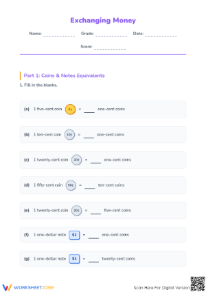 Brunei Currency Exchange Printable Worksheet | Grade 2 Math