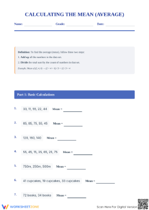 Printable Mean Calculation Worksheet | Grade 6 Math