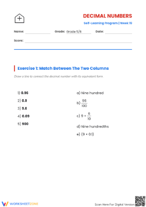Grade 5 Decimals — Printable No-Prep Worksheet