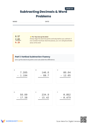 Printable Subtracting Decimals Worksheet | Grade 5