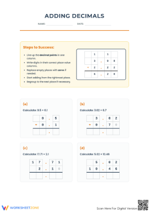 Adding Decimals Worksheet | Grade 5 Printable Math