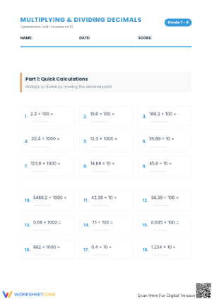 Multiplying Decimals by 10 — Printable No-Prep Worksheet