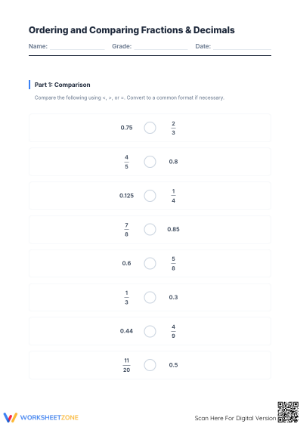 Complete Grade 8 Fractions & Decimals Comparison Worksheet