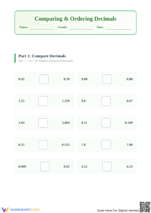 Printable Comparing Decimals Worksheet | Grade 5 Math