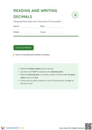Printable Reading Decimals Worksheet | Grade 5 Math