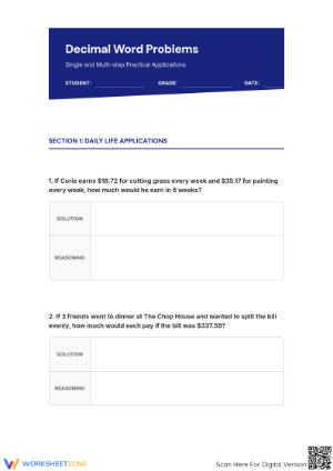 Printable Decimal Word Problems Worksheet | Grade 5