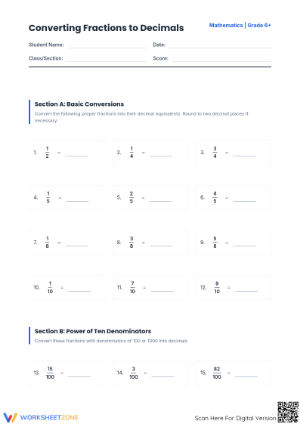 Essential Fractions to Decimals Worksheet | Grade 7 Math