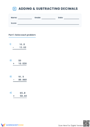 Grade 5 Decimals — Printable No-Prep Worksheet