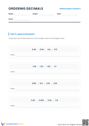 Printable Ordering Decimals Worksheet | Grade 5 Math