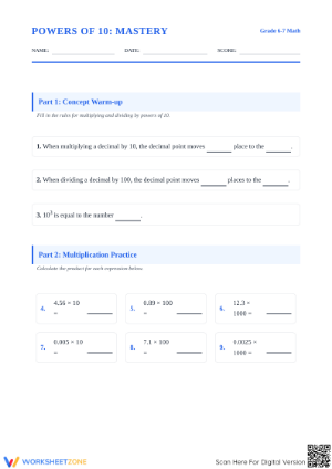 Printable Powers of 10 Worksheet | Grade 6 Math