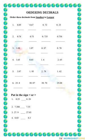 Ordering Decimals Practice Worksheet