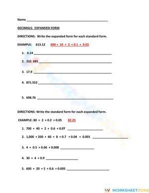 Decimals Expanded Form Worksheet