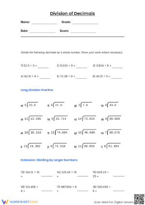 Printable Dividing Decimals by Whole Numbers — Grade 10 Math