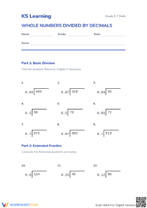 Essential Dividing Whole Numbers by Decimals — Grade 5-7