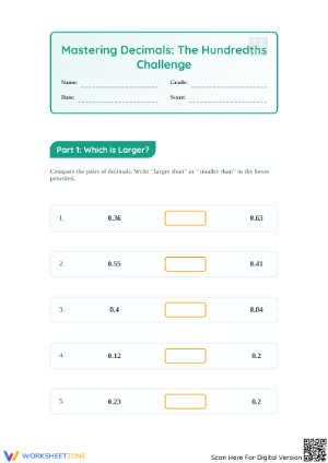 Printable Comparing Decimals Hundredths Worksheet | Grade 5