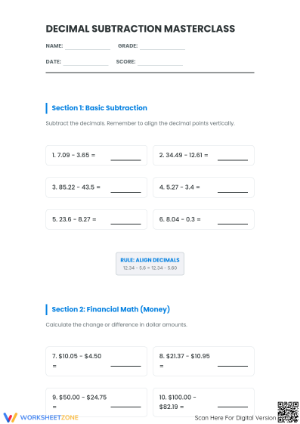 Printable Subtracting Decimals Worksheet | Grade 6 Aligned