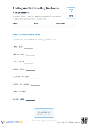 5.NBT.7 Aligned Worksheet: Adding and Subtracting Decimals