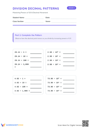 Division Decimal Patterns: Essential Grade 5 Worksheet