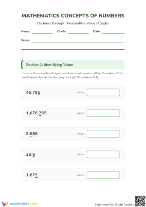Printable Decimals through Thousandths Value Worksheet