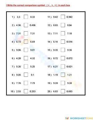 Comparison of Decimals Worksheet