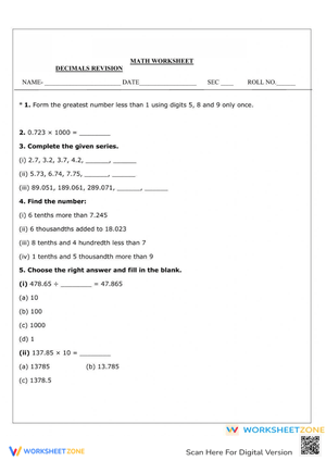 Interactive Decimals Revision Worksheet