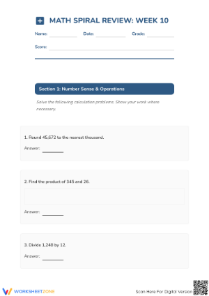 Grade 5 Math Spiral Review — Printable No-Prep Worksheet
