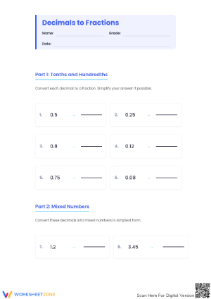 Printable Decimals to Fractions Worksheet | Grade 4-5 Math