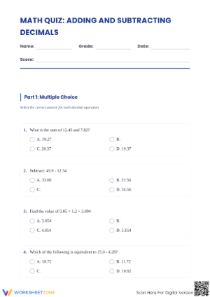 Essential Add and Subtract Decimals Worksheet | Grade 6
