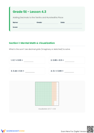Essential Adding Decimals to Tenths Worksheet | Grade 5 Math