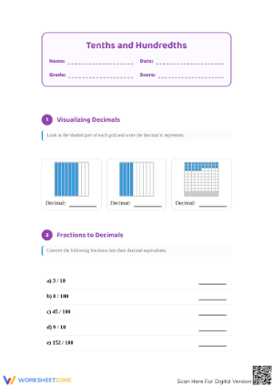 Printable Tenths and Hundredths Worksheet | Grade 4 Math