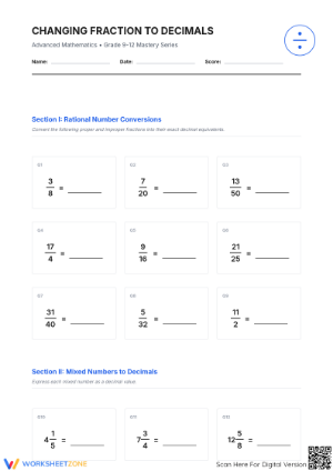 Printable Fraction to Decimal Worksheet | Grades 9-12 Math