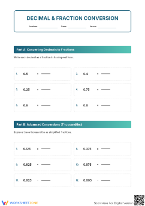 Grade 5 Converting Decimals to Fractions Printable Worksheet