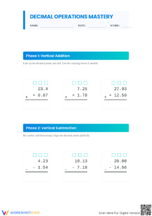 Essential Add and Subtract Decimals Worksheet | Grade 5-6