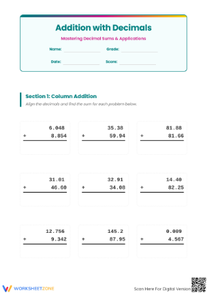 Grade 6 Adding Decimals — Printable No-Prep Worksheet