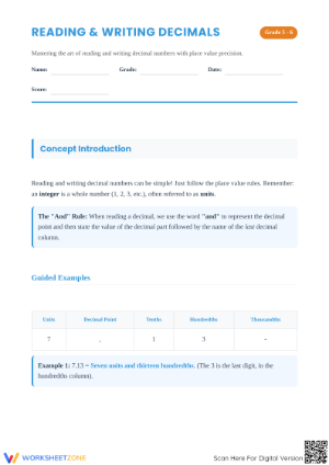 Essential Reading and Writing Decimals Worksheet | Grade 5