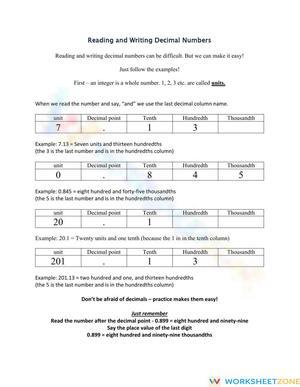 Reading and Writing decimals
