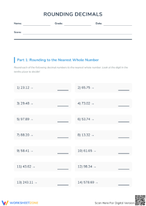 Printable Rounding Decimals to Whole Numbers Worksheet