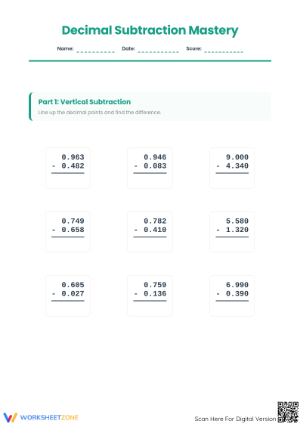 Essential Subtraction with Decimals Worksheet | Grade 6-7