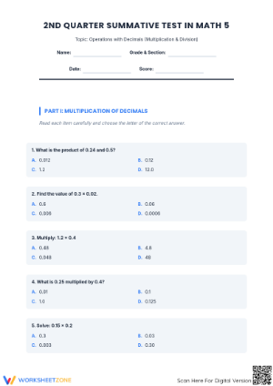 Essential 5.NBT.B.7 Test: Decimal Operations — Grade 5 Ready