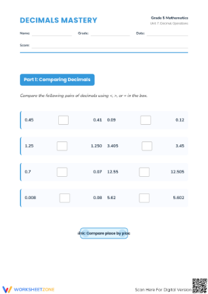Printable Decimal Operations Worksheet | Grade 5 Math