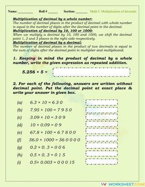 Multiplication with Decimals Worksheet