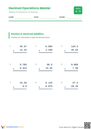Printable Grade 5 Decimal Addition & Subtraction Worksheet