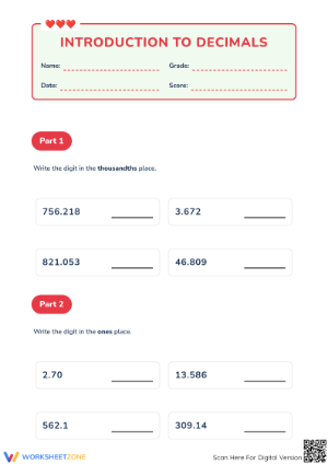 Intro to Decimals Place Value Worksheet | Essential Grade 5